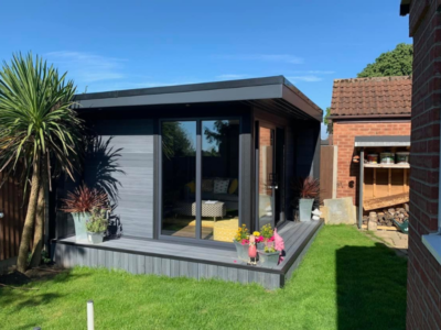 Dark Grey Garden Build Front Flyover With Decking