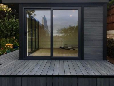 Large Decking Area With Sliding Door Composite Garden Room